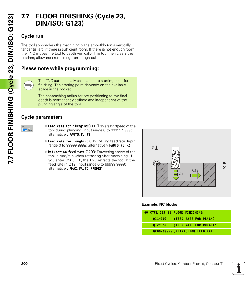 7 floor finishing (cycle 23, din/iso: g123), Cycle run, Please note while programming | Cycle parameters | HEIDENHAIN 530 (340 49x-07) Cycle programming User Manual | Page 200 / 525