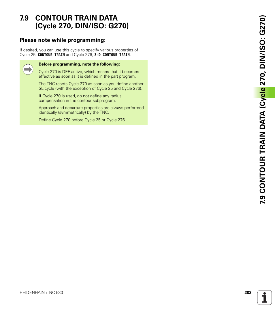 9 contour train data (cycle 270, din/iso: g270), Please note while programming | HEIDENHAIN 530 (340 49x-07) Cycle programming User Manual | Page 203 / 525