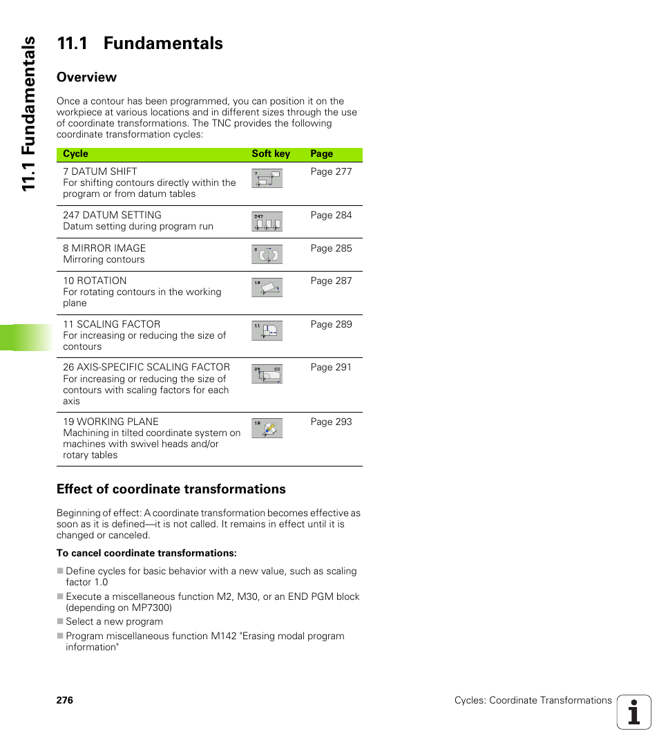 1 fundamentals, Overview, Effect of coordinate transformations | 1 f undamentals 11.1 fundamentals | HEIDENHAIN 530 (340 49x-07) Cycle programming User Manual | Page 276 / 525