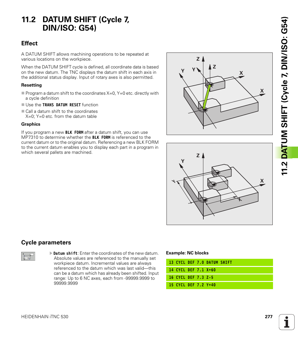2 datum shift (cycle 7, din/iso: g54), Effect, Cycle parameters | HEIDENHAIN 530 (340 49x-07) Cycle programming User Manual | Page 277 / 525