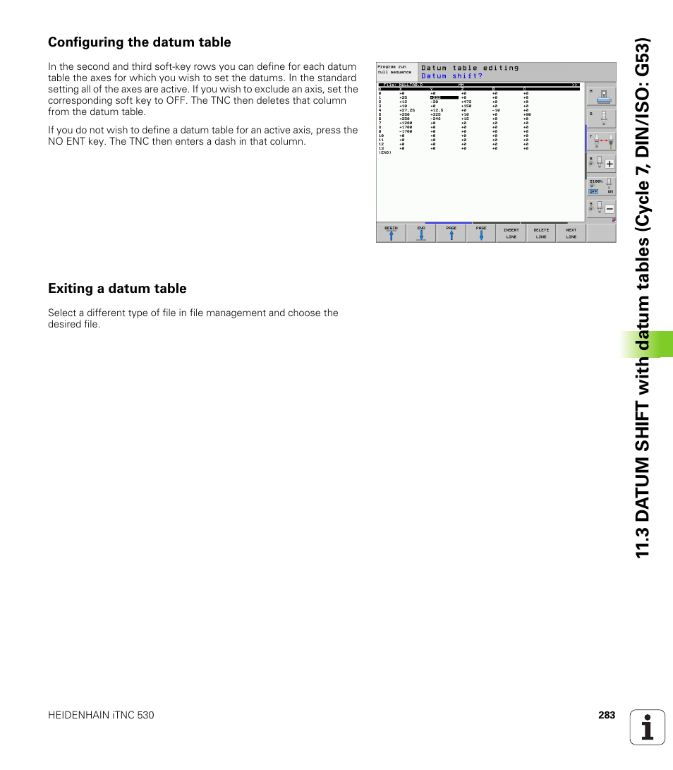 Configuring the datum table, Exiting a datum table | HEIDENHAIN 530 (340 49x-07) Cycle programming User Manual | Page 283 / 525