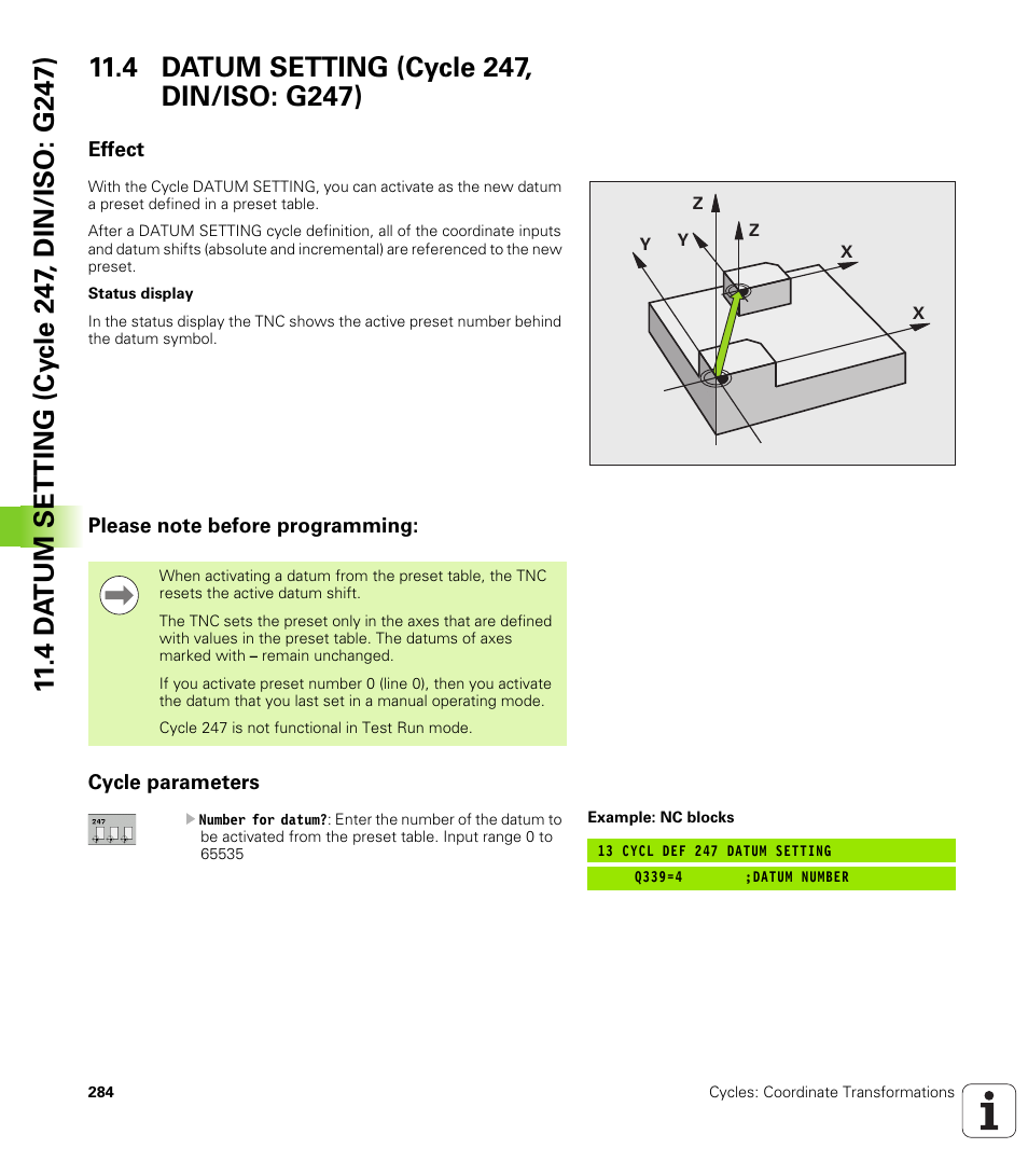4 datum setting (cycle 247, din/iso: g247), Effect, Please note before programming | Cycle parameters | HEIDENHAIN 530 (340 49x-07) Cycle programming User Manual | Page 284 / 525