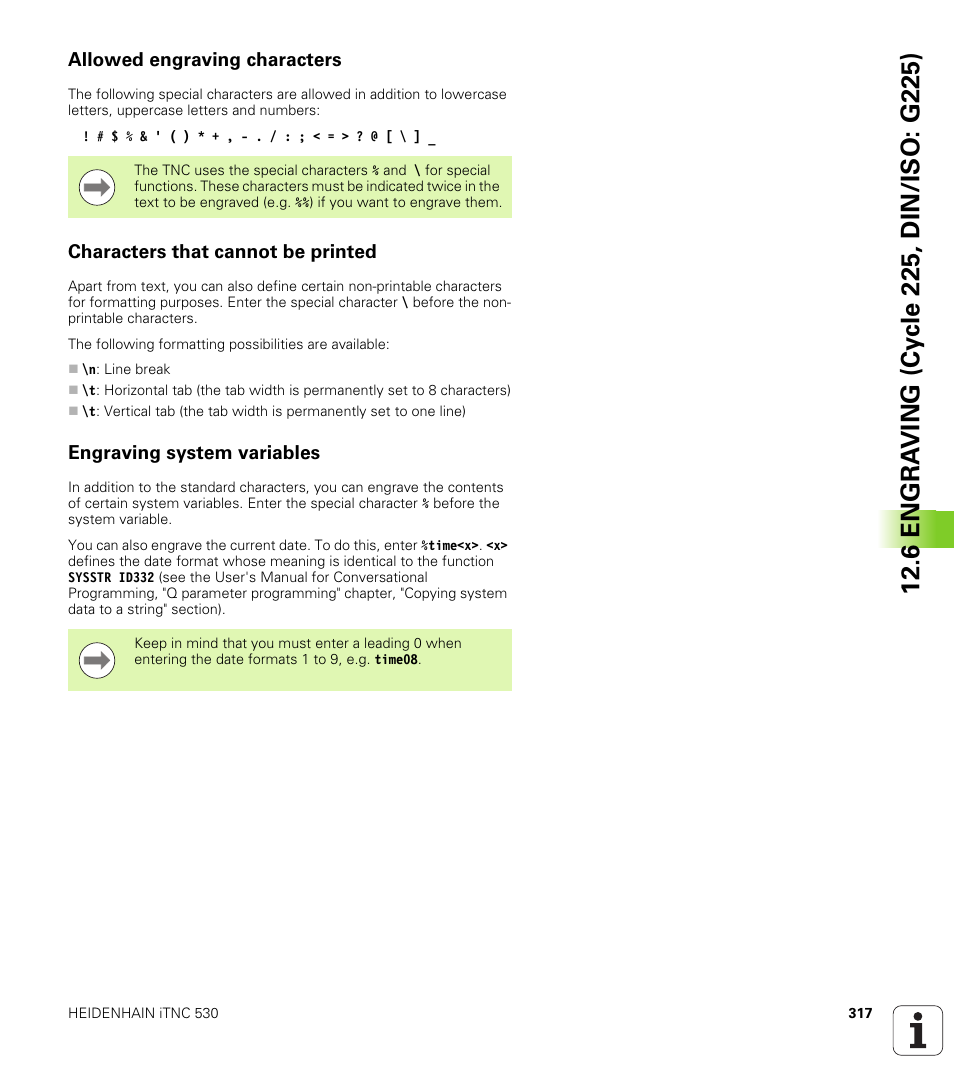 Allowed engraving characters, Characters that cannot be printed, Engraving system variables | HEIDENHAIN 530 (340 49x-07) Cycle programming User Manual | Page 317 / 525