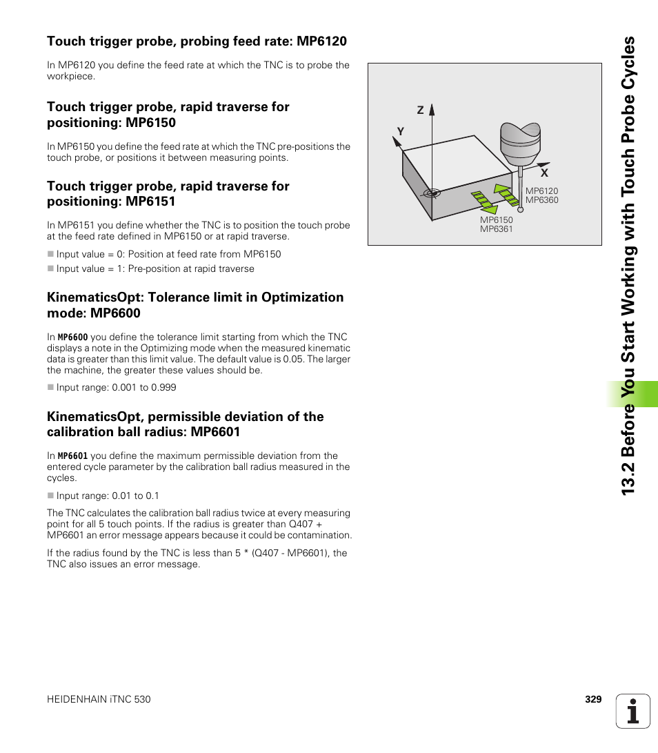 Touch trigger probe, probing feed rate: mp6120 | HEIDENHAIN 530 (340 49x-07) Cycle programming User Manual | Page 329 / 525