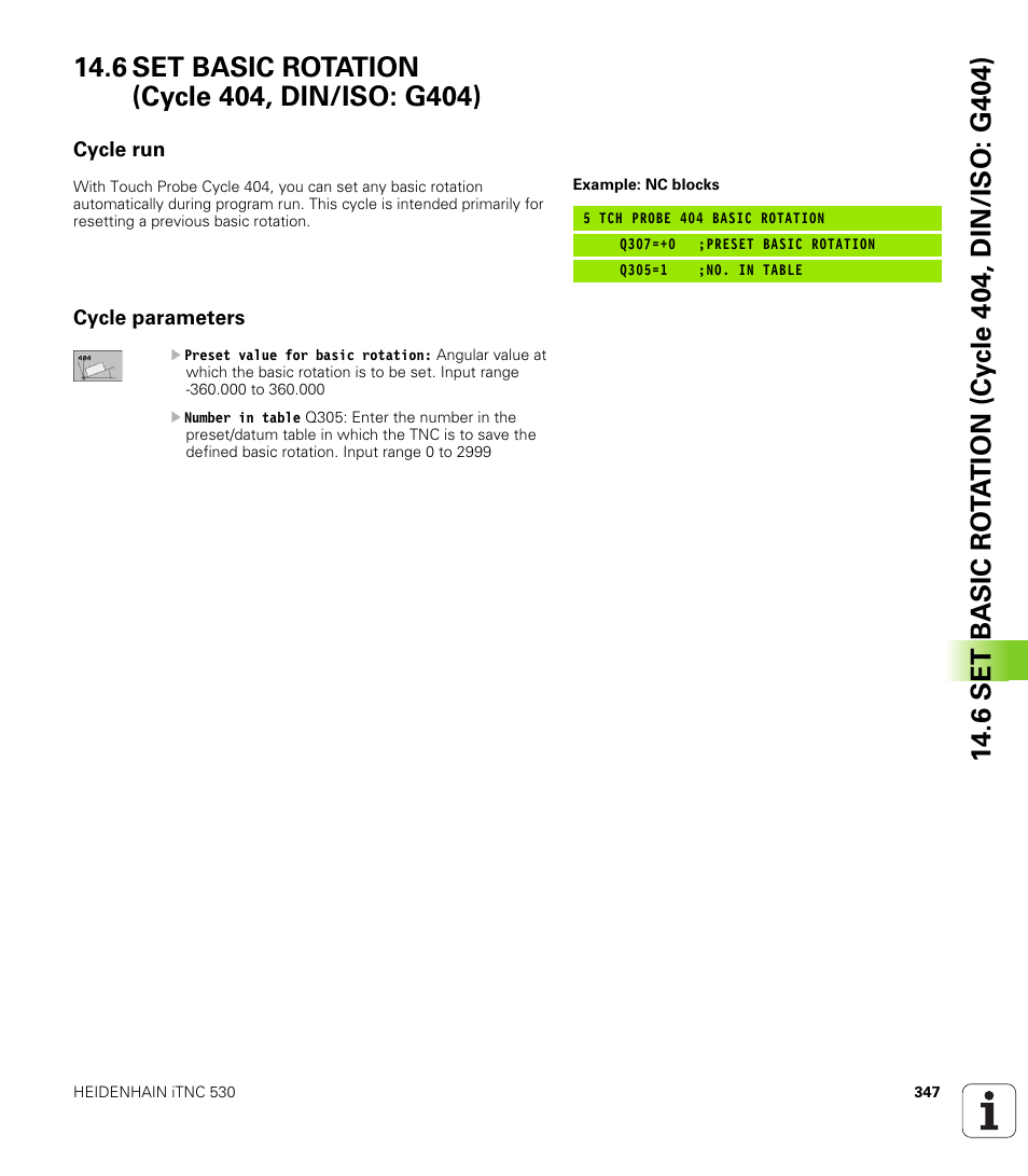 6 set basic rotation (cycle 404, din/iso: g404), Cycle run, Cycle parameters | HEIDENHAIN 530 (340 49x-07) Cycle programming User Manual | Page 347 / 525