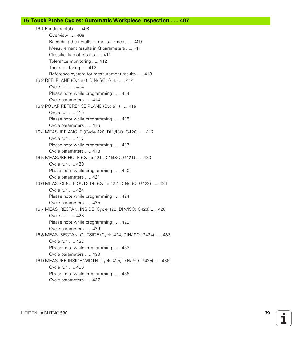Touch probe cycles: automatic workpiece inspection | HEIDENHAIN 530 (340 49x-07) Cycle programming User Manual | Page 39 / 525