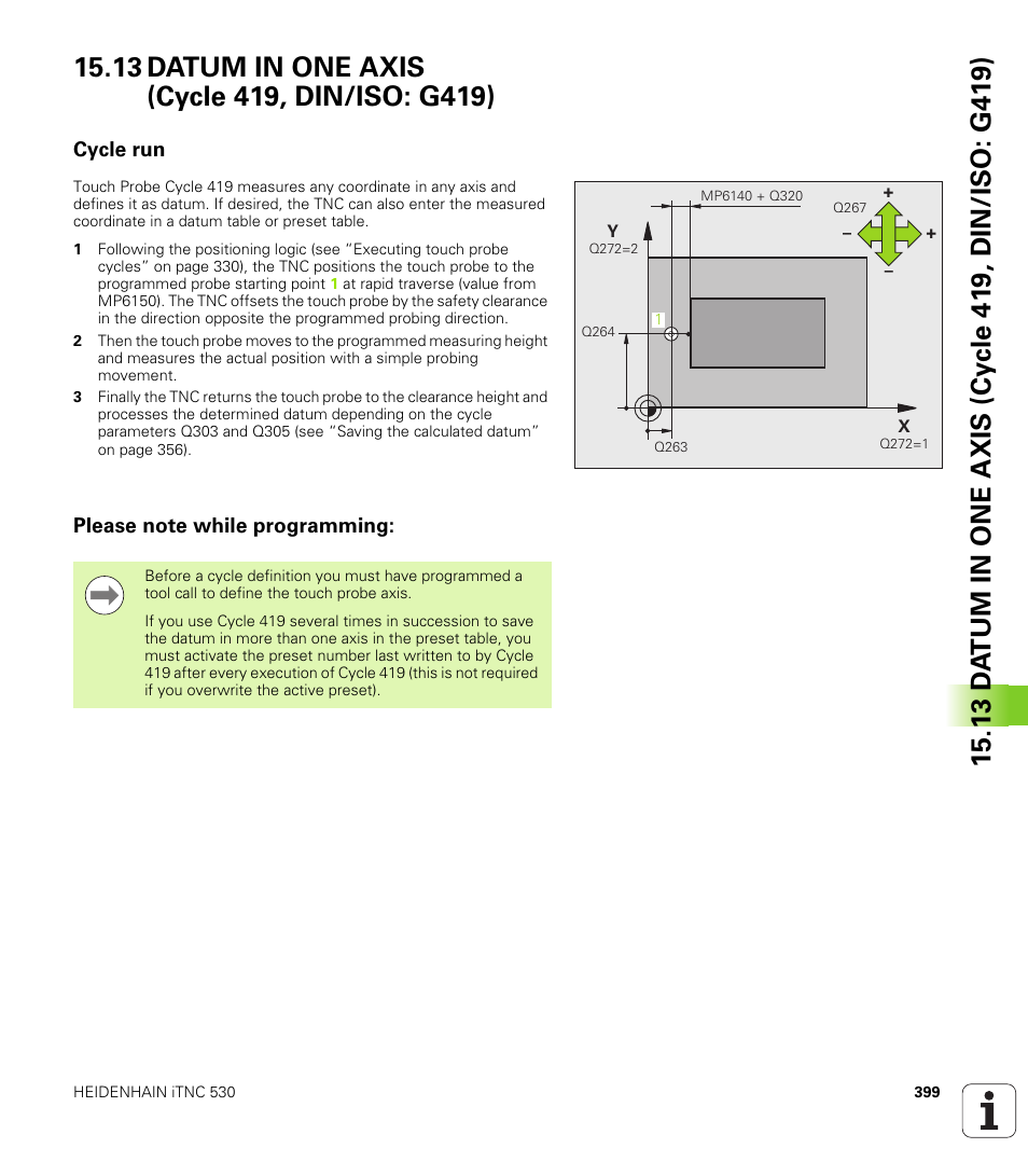 13 datum in one axis (cycle 419, din/iso: g419), Cycle run, Please note while programming | HEIDENHAIN 530 (340 49x-07) Cycle programming User Manual | Page 399 / 525