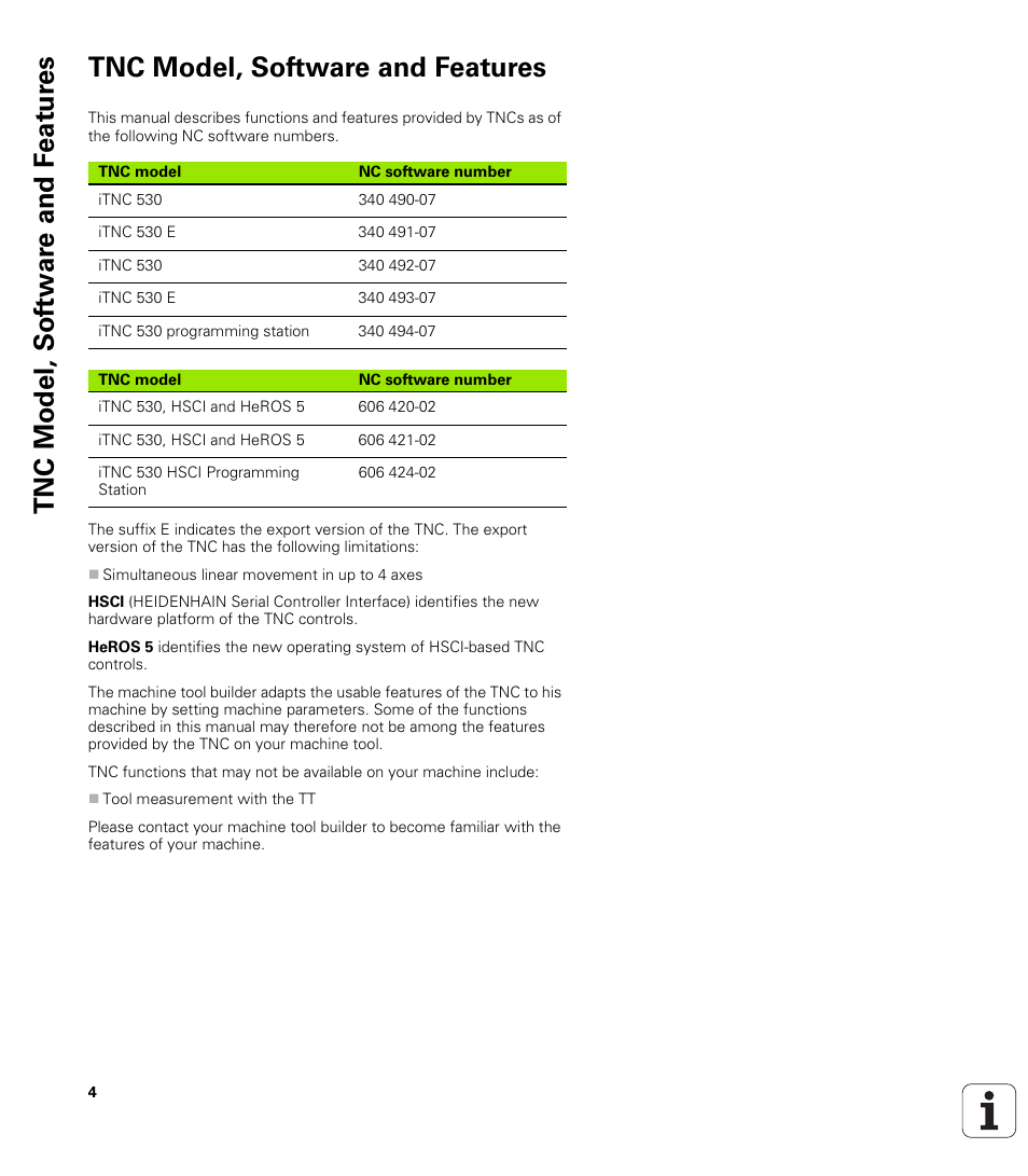 Tnc model, software and features | HEIDENHAIN 530 (340 49x-07) Cycle programming User Manual | Page 4 / 525