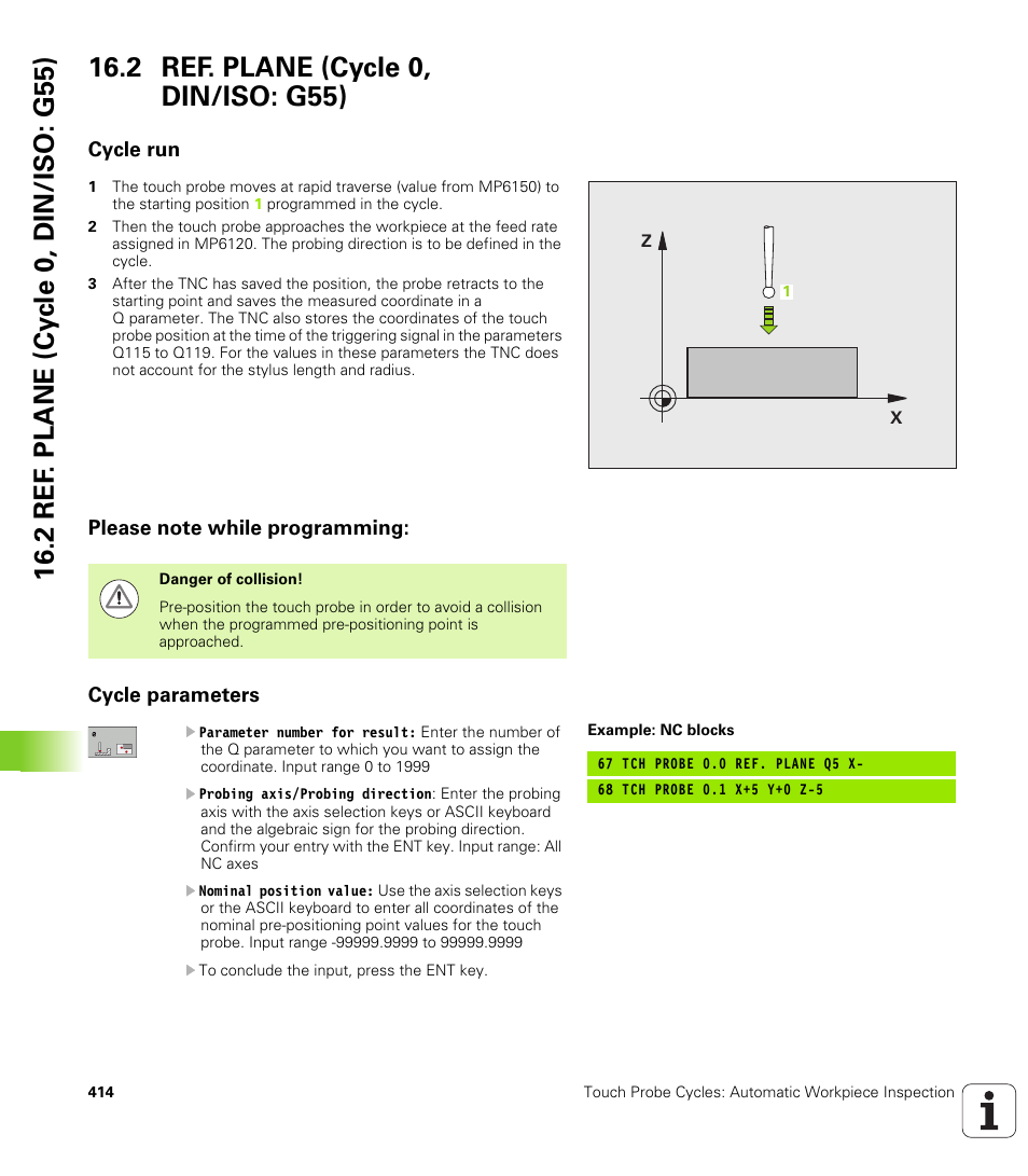 2 ref. plane (cycle 0, din/iso: g55), Cycle run, Please note while programming | Cycle parameters | HEIDENHAIN 530 (340 49x-07) Cycle programming User Manual | Page 414 / 525