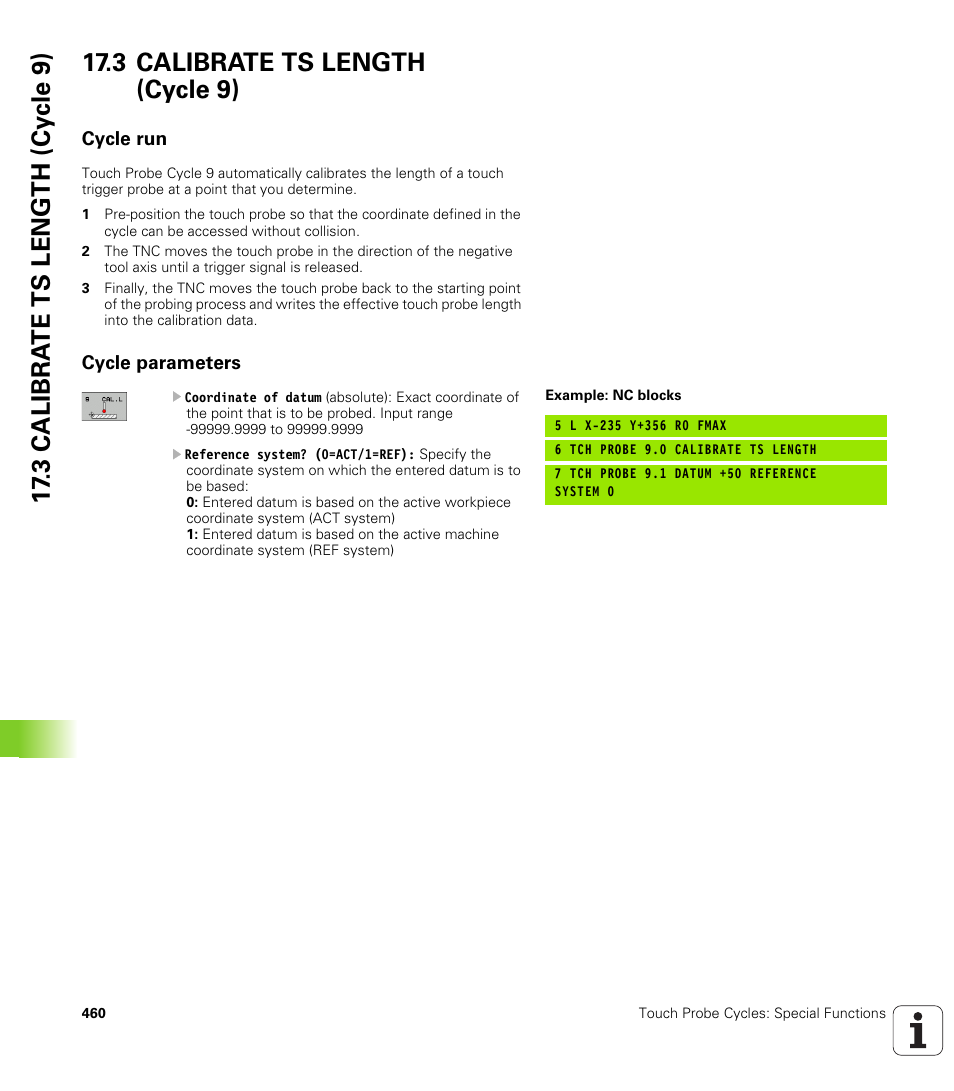 3 calibrate ts length (cycle 9), Cycle run, Cycle parameters | HEIDENHAIN 530 (340 49x-07) Cycle programming User Manual | Page 460 / 525