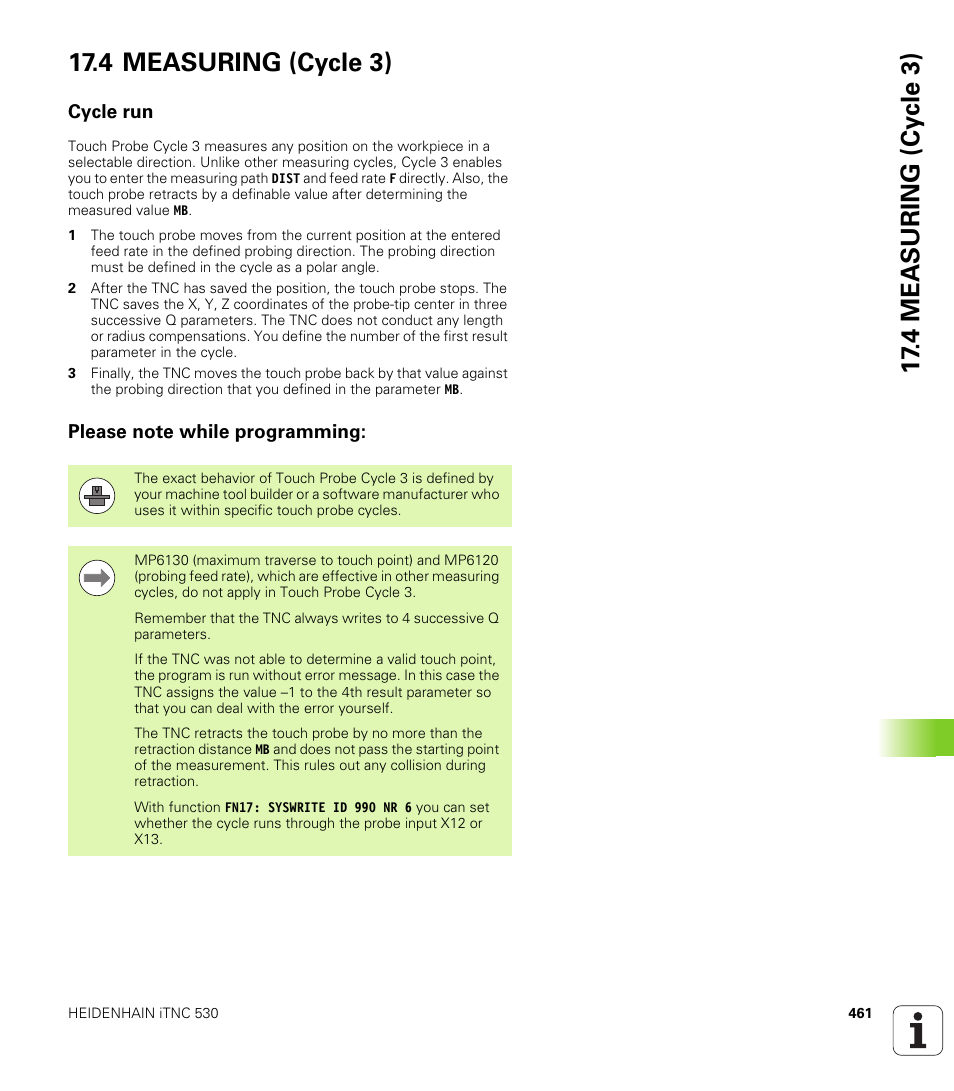 4 measuring (cycle 3), Cycle run, Please note while programming | HEIDENHAIN 530 (340 49x-07) Cycle programming User Manual | Page 461 / 525