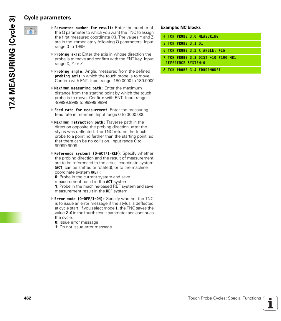 Cycle parameters, 4 mea s uring (cy c le 3) | HEIDENHAIN 530 (340 49x-07) Cycle programming User Manual | Page 462 / 525
