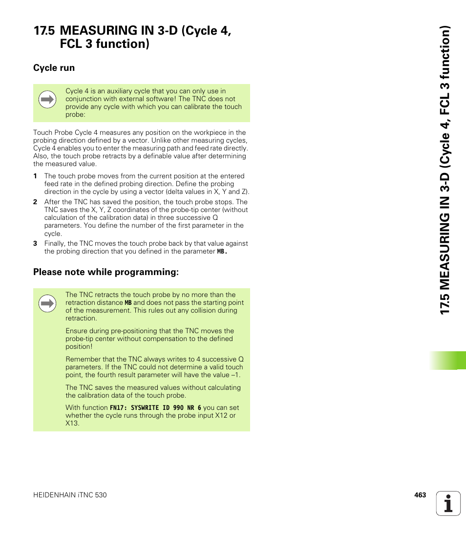 5 measuring in 3-d (cycle 4, fcl 3 function), Cycle run, Please note while programming | HEIDENHAIN 530 (340 49x-07) Cycle programming User Manual | Page 463 / 525