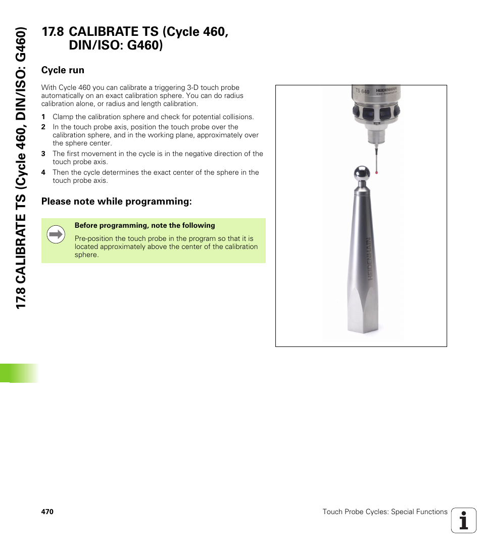 8 calibrate ts (cycle 460, din/iso: g460), Cycle run, Please note while programming | HEIDENHAIN 530 (340 49x-07) Cycle programming User Manual | Page 470 / 525