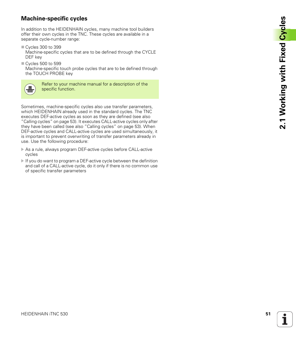 Machine-specific cycles, 1 w o rk ing with fix e d cy cles | HEIDENHAIN 530 (340 49x-07) Cycle programming User Manual | Page 51 / 525