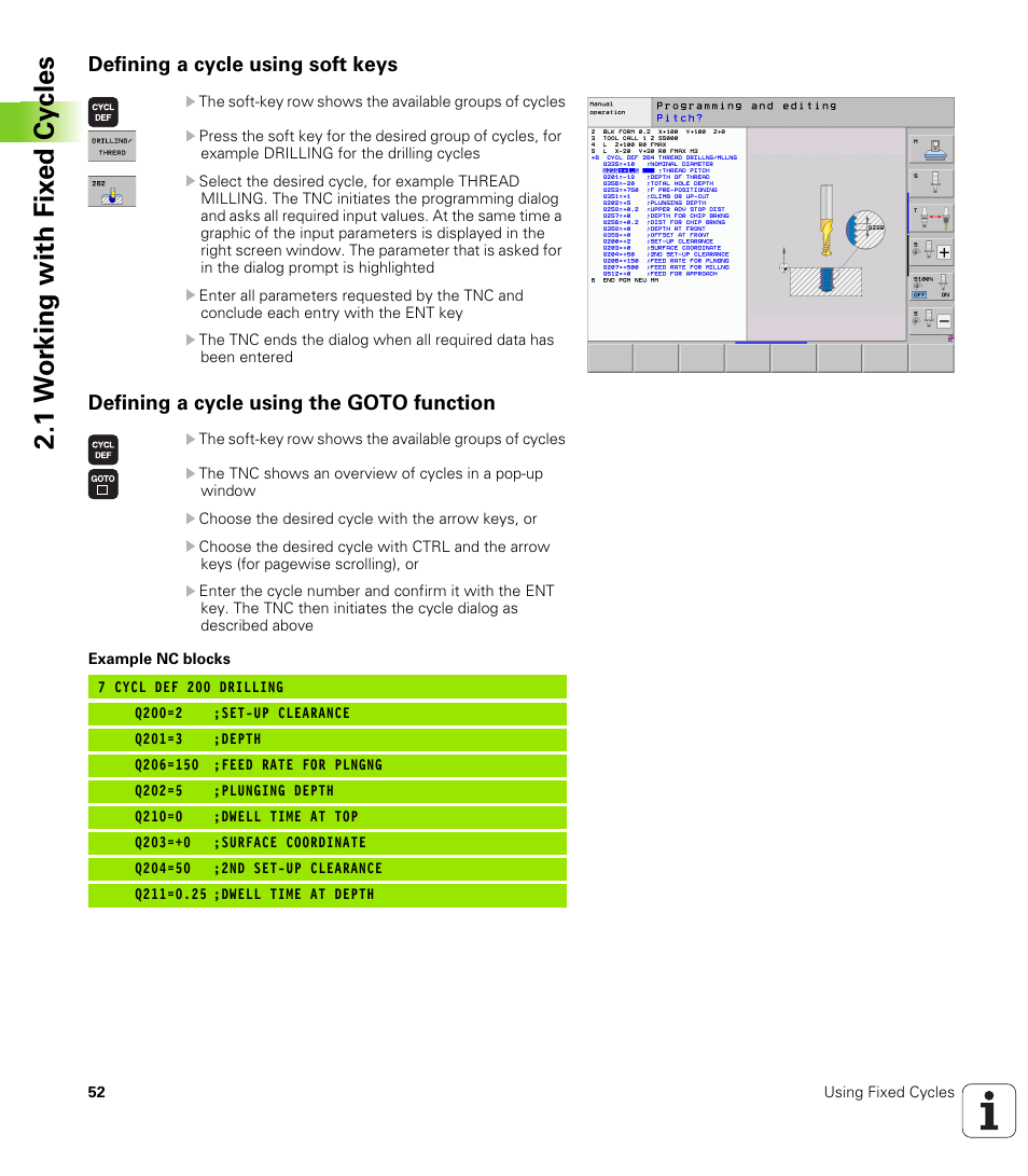 Defining a cycle using soft keys, Defining a cycle using the goto function, 1 w o rk ing with fix e d cy cles | HEIDENHAIN 530 (340 49x-07) Cycle programming User Manual | Page 52 / 525