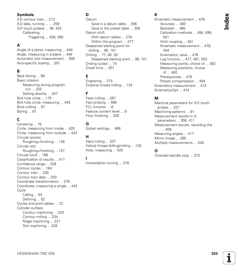 Index | HEIDENHAIN 530 (340 49x-07) Cycle programming User Manual | Page 523 / 525