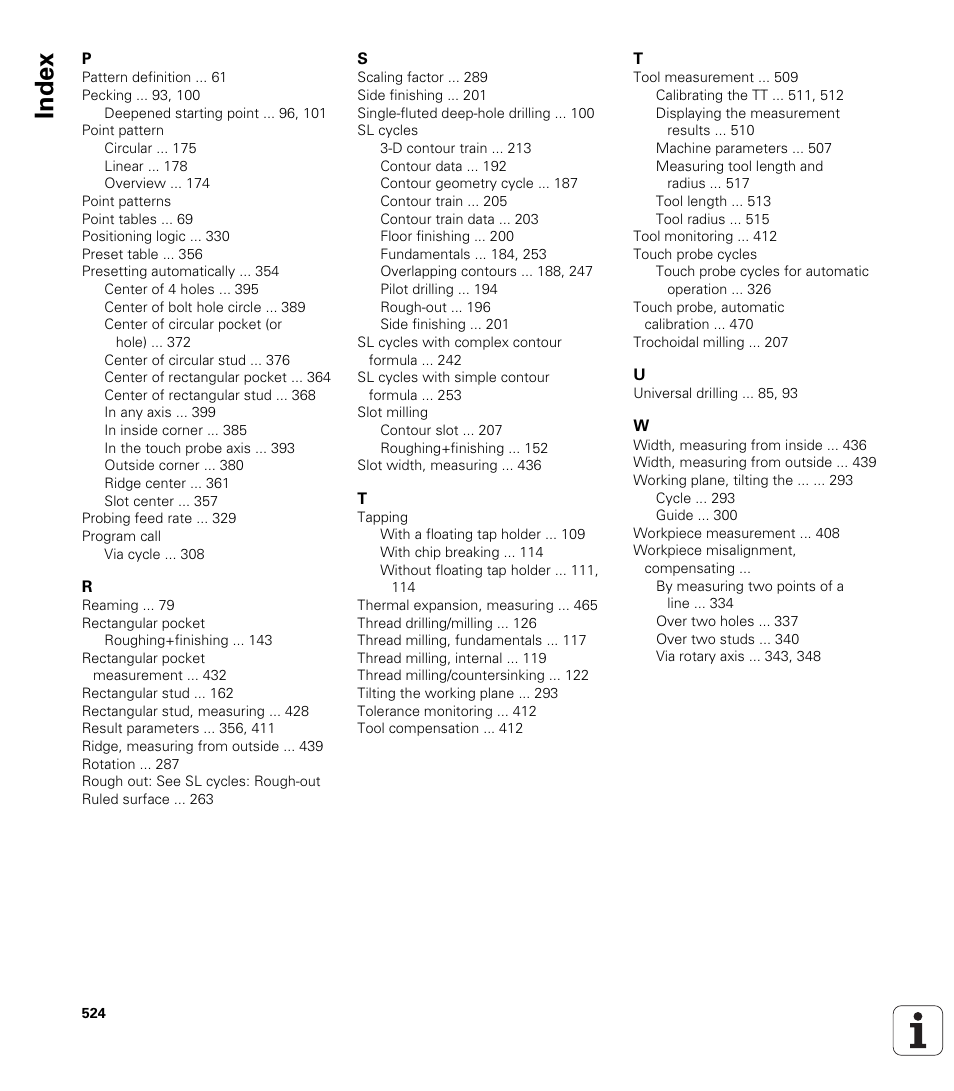 Index | HEIDENHAIN 530 (340 49x-07) Cycle programming User Manual | Page 524 / 525