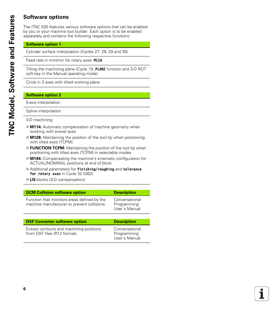 Software options, Tnc model, sof tw a re and f eat ur es | HEIDENHAIN 530 (340 49x-07) Cycle programming User Manual | Page 6 / 525