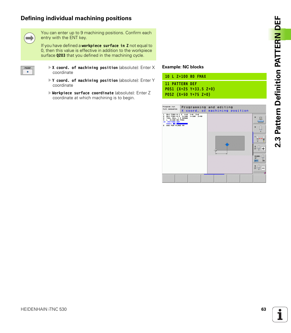 Defining individual machining positions | HEIDENHAIN 530 (340 49x-07) Cycle programming User Manual | Page 63 / 525