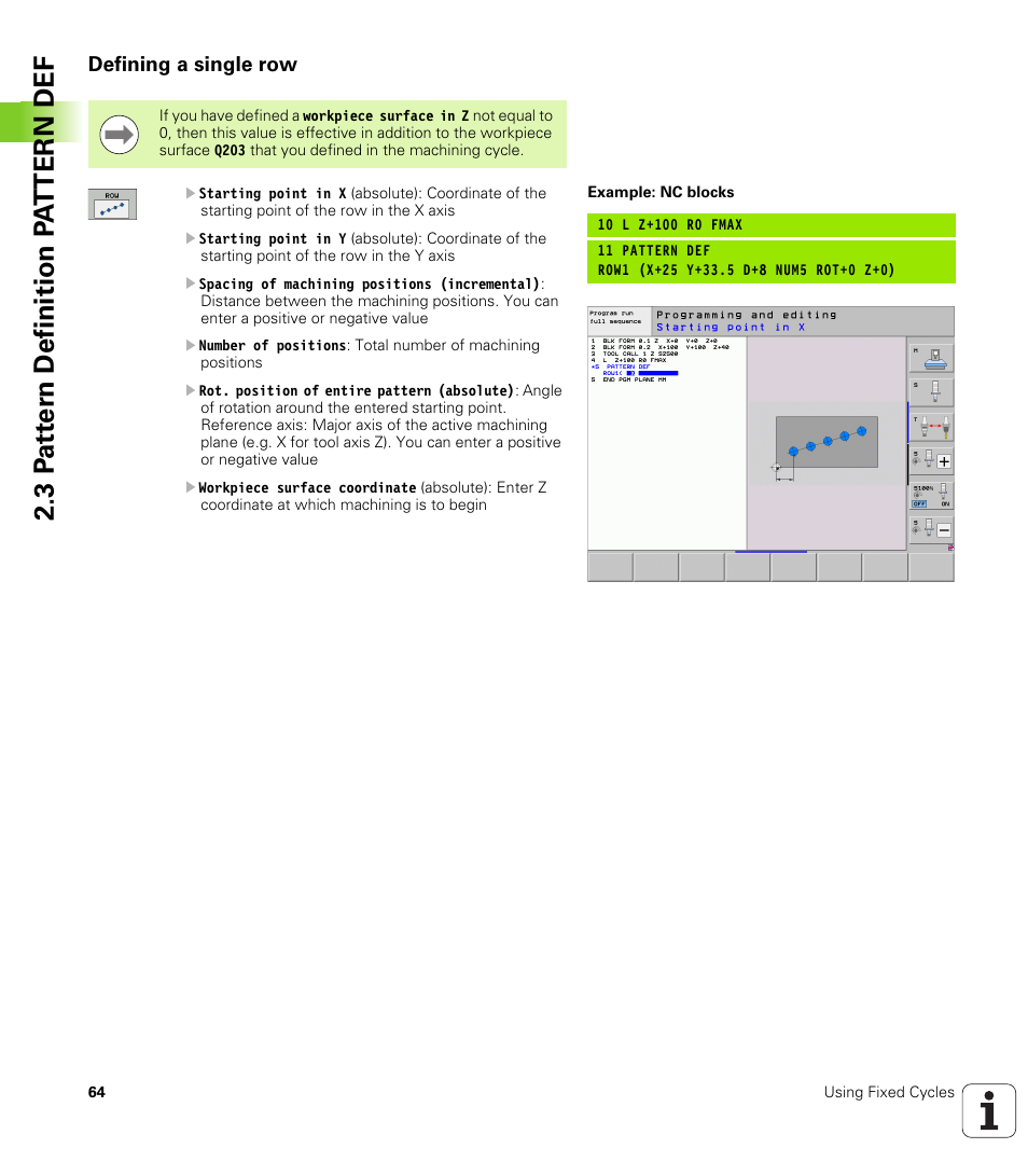 Defining a single row | HEIDENHAIN 530 (340 49x-07) Cycle programming User Manual | Page 64 / 525
