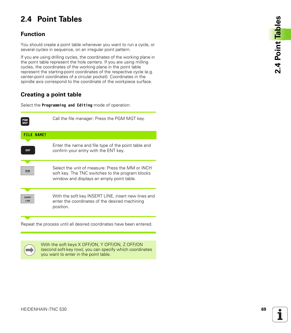 4 point tables, Function, Creating a point table | 4 p o int t a bles 2.4 point tables | HEIDENHAIN 530 (340 49x-07) Cycle programming User Manual | Page 69 / 525