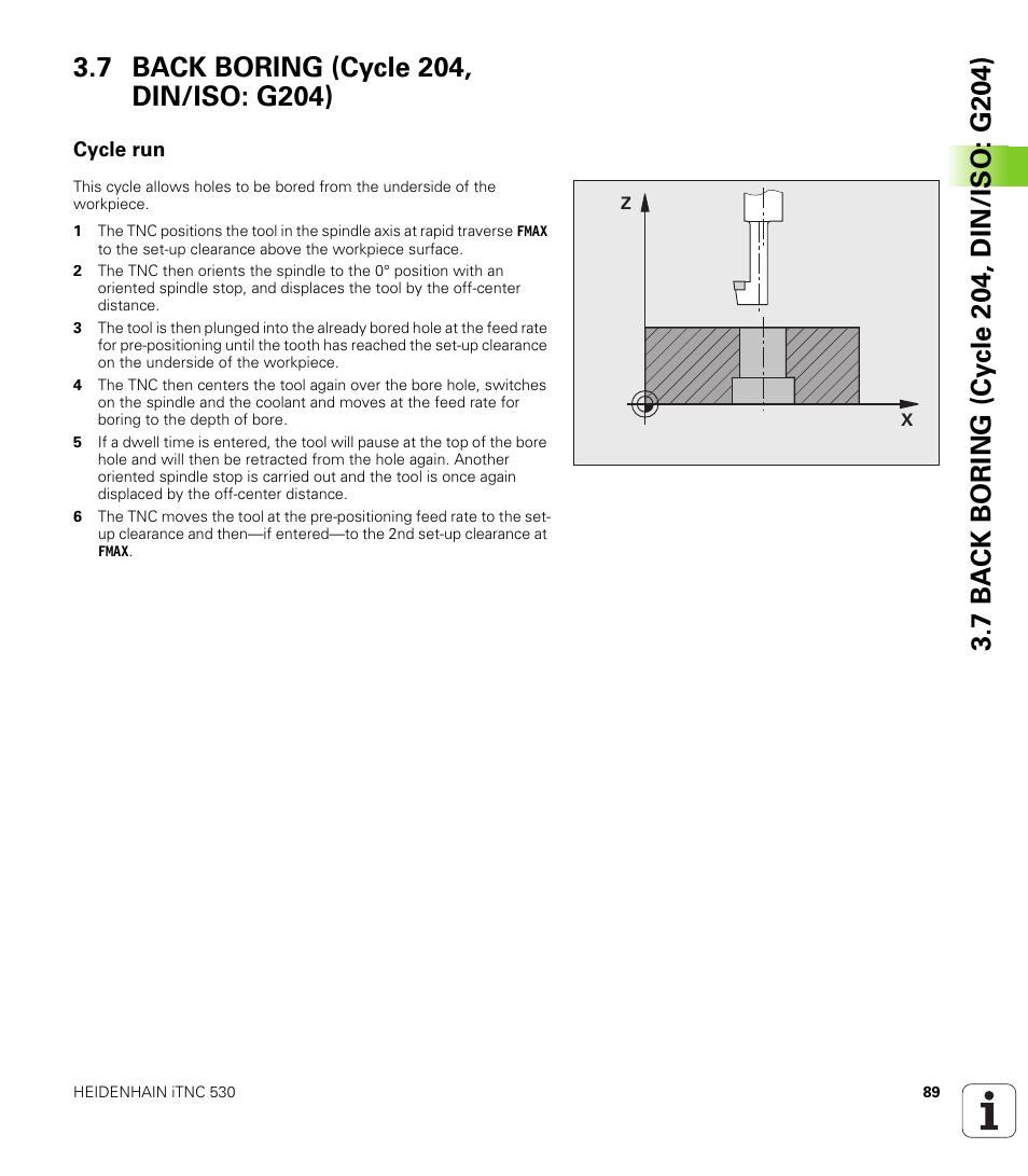 7 back boring (cycle 204, din/iso: g204), Cycle run | HEIDENHAIN 530 (340 49x-07) Cycle programming User Manual | Page 89 / 525