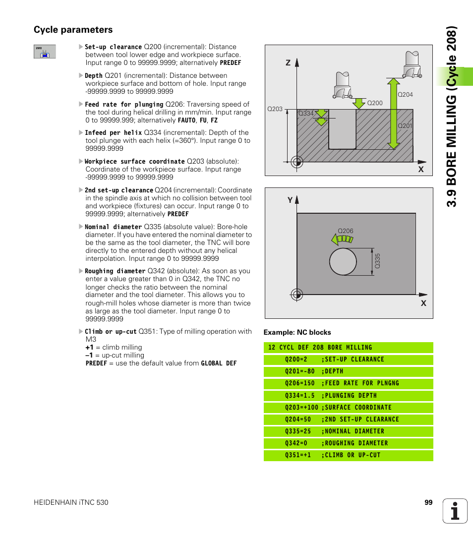 Cycle parameters, 9 bore milling (cy c le 208) | HEIDENHAIN 530 (340 49x-07) Cycle programming User Manual | Page 99 / 525