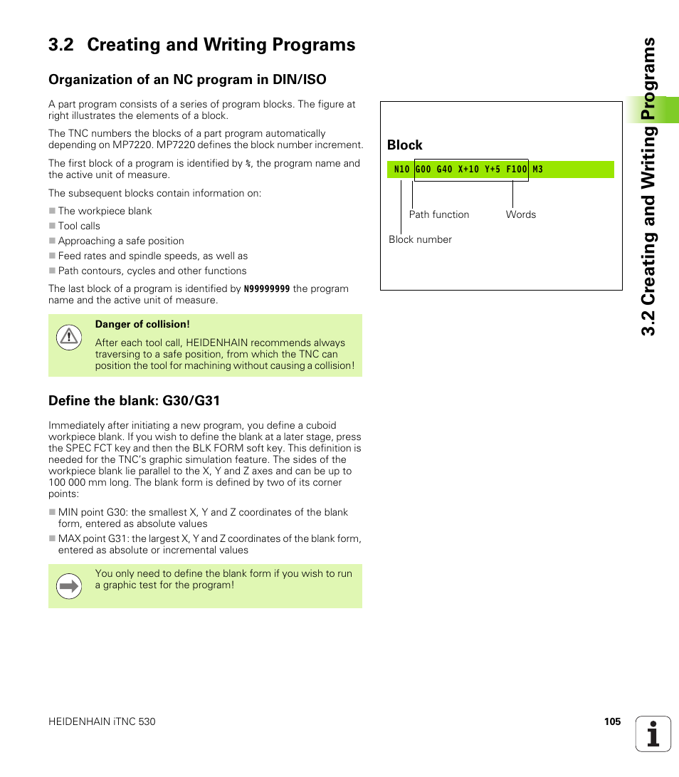 2 creating and writing programs, Organization of an nc program in din/iso, Define the blank: g30/g31 | HEIDENHAIN 530 (340 49x-07) ISO programming User Manual | Page 105 / 650