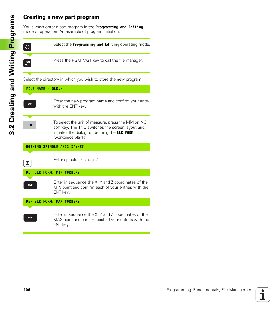 Creating a new part program, 2 cr eating and w riting pr ogr a ms | HEIDENHAIN 530 (340 49x-07) ISO programming User Manual | Page 106 / 650