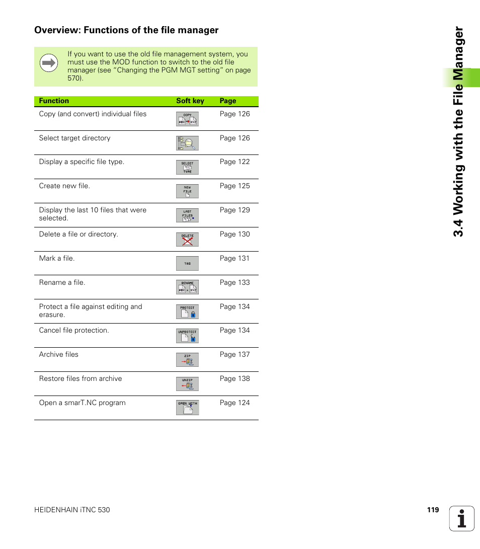 Overview: functions of the file manager, 4 w o rk ing with the file manag e r | HEIDENHAIN 530 (340 49x-07) ISO programming User Manual | Page 119 / 650