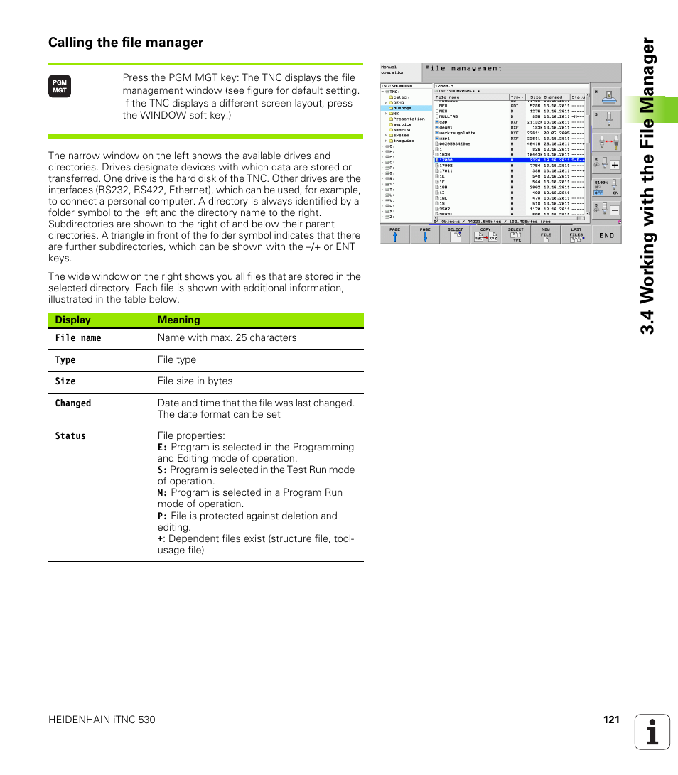 Calling the file manager, 4 w o rk ing with the file manag e r | HEIDENHAIN 530 (340 49x-07) ISO programming User Manual | Page 121 / 650
