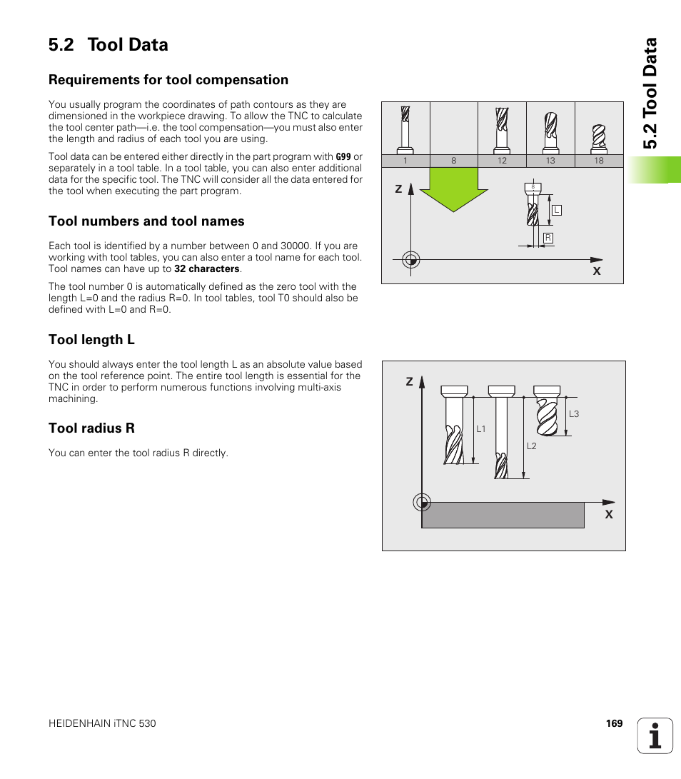 2 tool data, Requirements for tool compensation, Tool numbers and tool names | Tool length l, Tool radius r, 2 t ool d a ta 5.2 tool data | HEIDENHAIN 530 (340 49x-07) ISO programming User Manual | Page 169 / 650