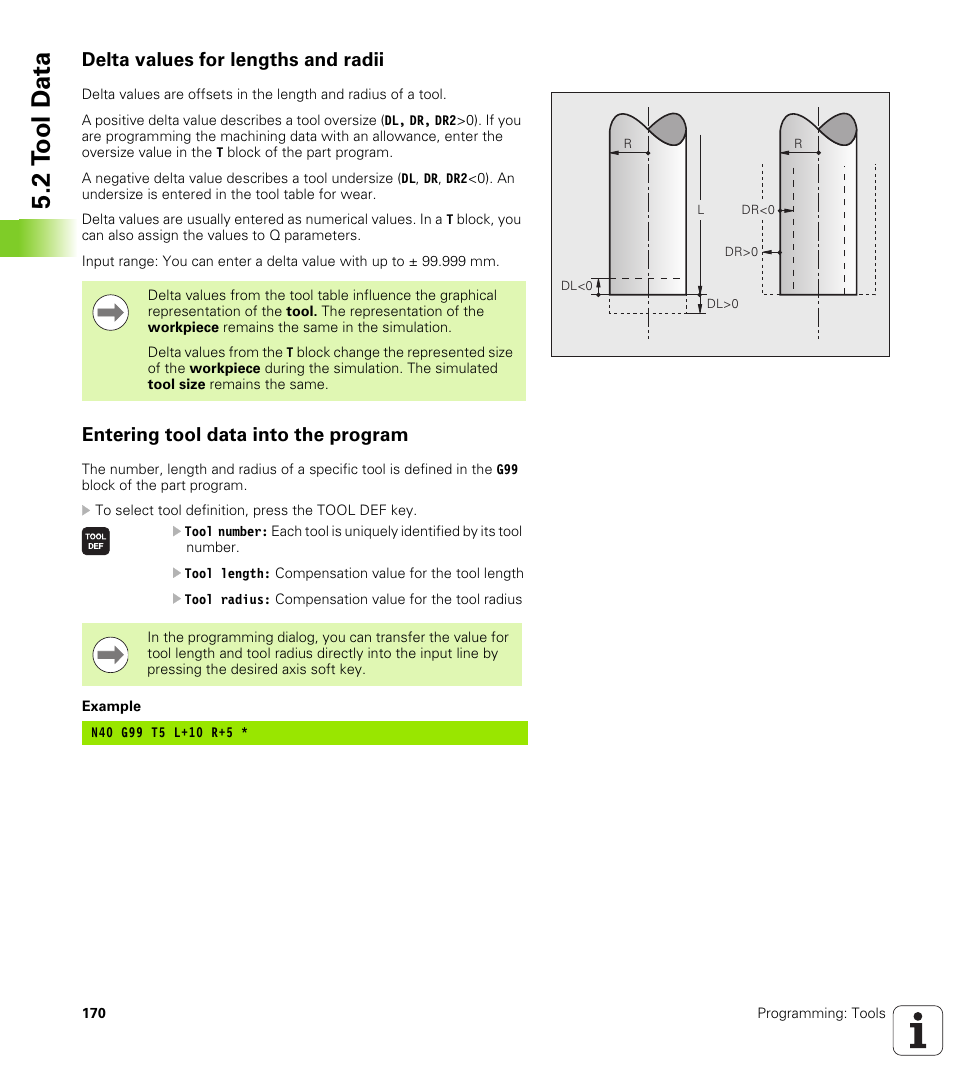 Delta values for lengths and radii, Entering tool data into the program, 2 t ool d a ta | HEIDENHAIN 530 (340 49x-07) ISO programming User Manual | Page 170 / 650