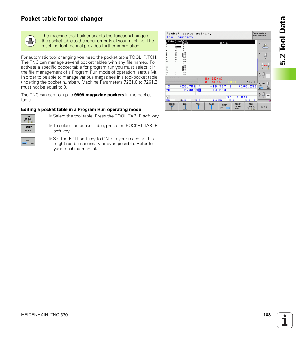 Pocket table for tool changer, 2 t ool d a ta | HEIDENHAIN 530 (340 49x-07) ISO programming User Manual | Page 183 / 650