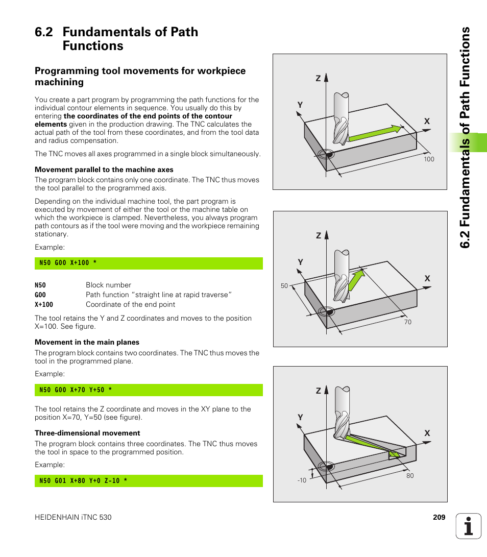 2 fundamentals of path functions, Programming tool movements for workpiece machining | HEIDENHAIN 530 (340 49x-07) ISO programming User Manual | Page 209 / 650