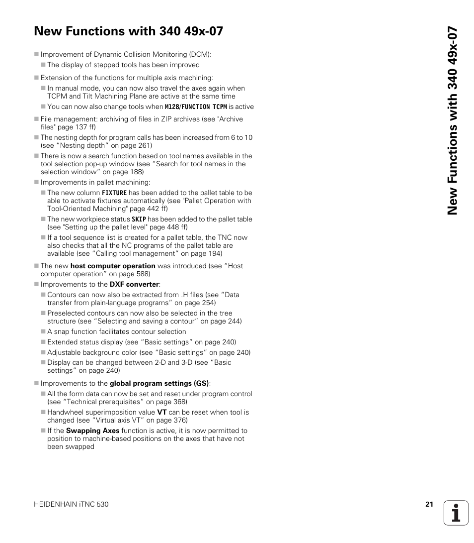 New functions with 340 49x-07 | HEIDENHAIN 530 (340 49x-07) ISO programming User Manual | Page 21 / 650