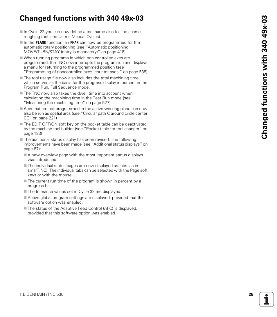 Changed functions with 340 49x-03 | HEIDENHAIN 530 (340 49x-07) ISO programming User Manual | Page 25 / 650