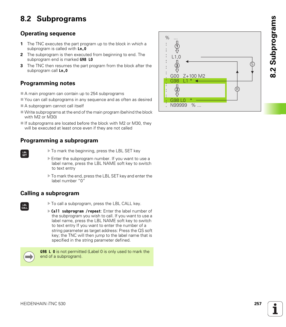 2 subprograms, Operating sequence, Programming notes | Programming a subprogram, Calling a subprogram, 2 subpr ogr a ms 8.2 subprograms | HEIDENHAIN 530 (340 49x-07) ISO programming User Manual | Page 257 / 650