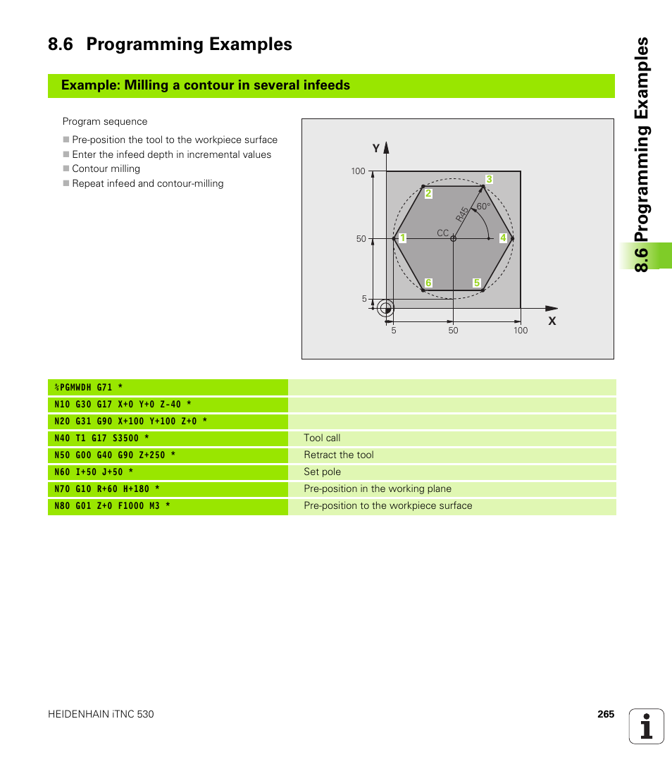 6 programming examples, 6 pr ogr amming examples 8.6 programming examples, Example: milling a contour in several infeeds | HEIDENHAIN 530 (340 49x-07) ISO programming User Manual | Page 265 / 650