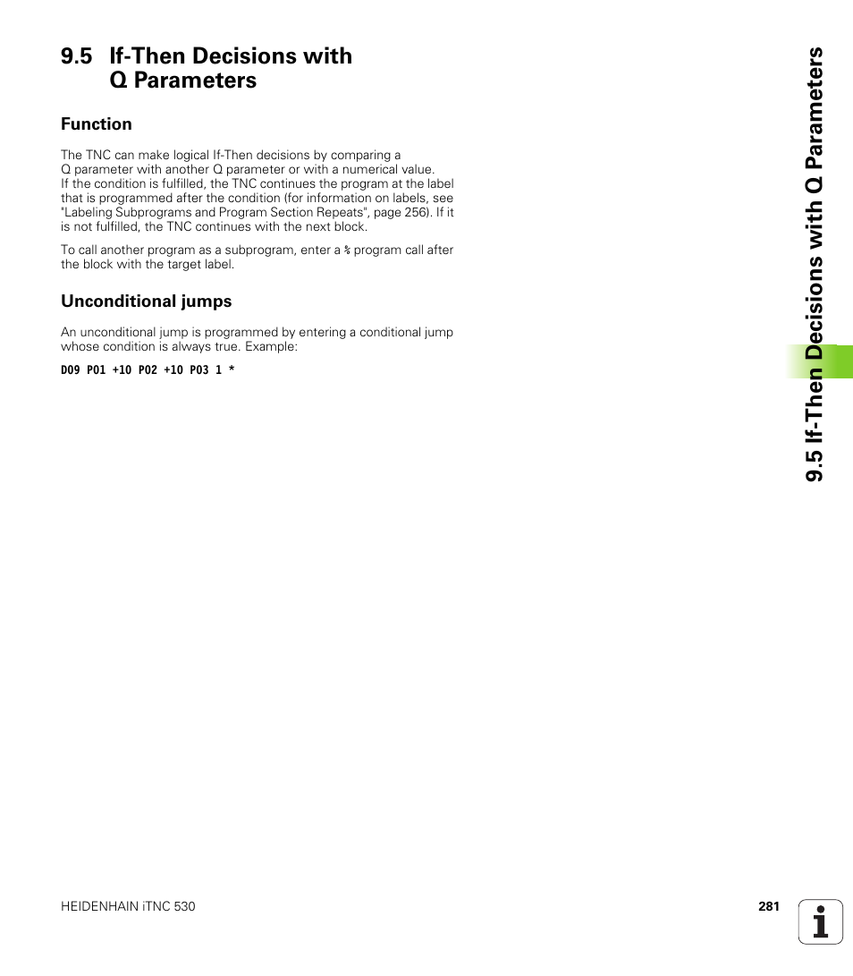 5 if-then decisions with q parameters, Function, Unconditional jumps | HEIDENHAIN 530 (340 49x-07) ISO programming User Manual | Page 281 / 650