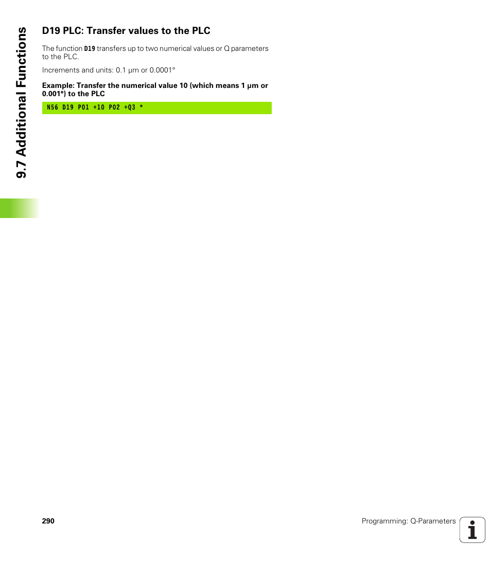 D19 plc: transfer values to the plc, 7 a d ditional f unctions | HEIDENHAIN 530 (340 49x-07) ISO programming User Manual | Page 290 / 650