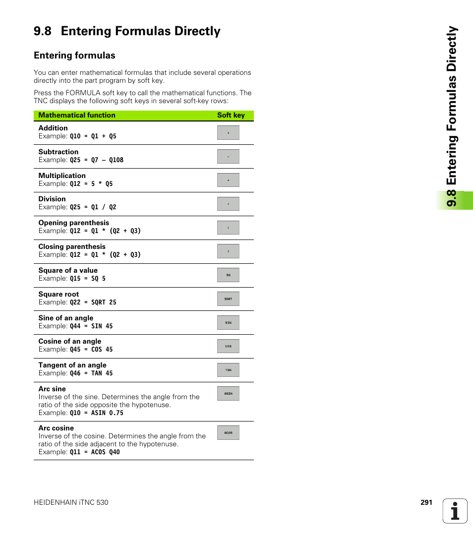 8 entering formulas directly, Entering formulas | HEIDENHAIN 530 (340 49x-07) ISO programming User Manual | Page 291 / 650
