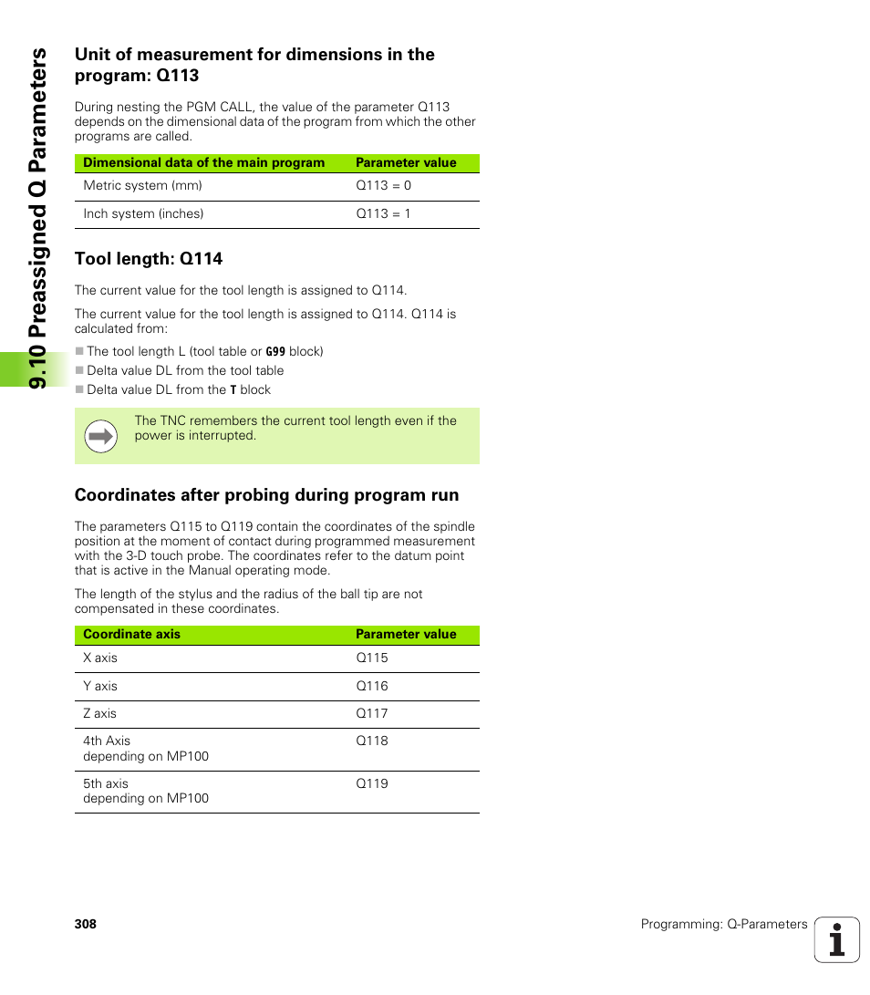 Tool length: q114, Coordinates after probing during program run | HEIDENHAIN 530 (340 49x-07) ISO programming User Manual | Page 308 / 650