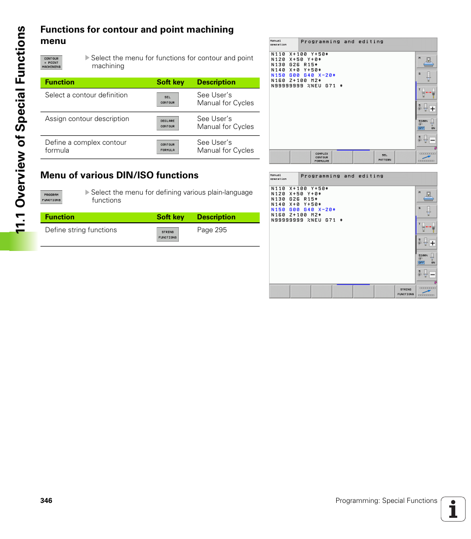 Functions for contour and point machining menu, Menu of various din/iso functions, 1 ov erview of special f unctions | HEIDENHAIN 530 (340 49x-07) ISO programming User Manual | Page 346 / 650
