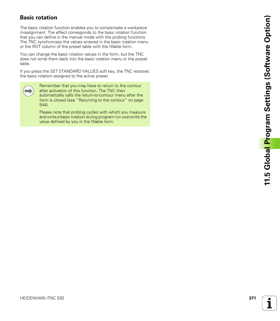 Basic rotation, 5 global pr ogr a m set tings (sof tw ar e option) | HEIDENHAIN 530 (340 49x-07) ISO programming User Manual | Page 371 / 650