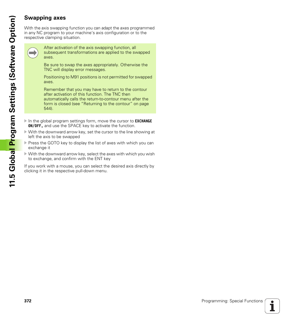 Swapping axes, 5 global pr ogr a m set tings (sof tw ar e option) | HEIDENHAIN 530 (340 49x-07) ISO programming User Manual | Page 372 / 650