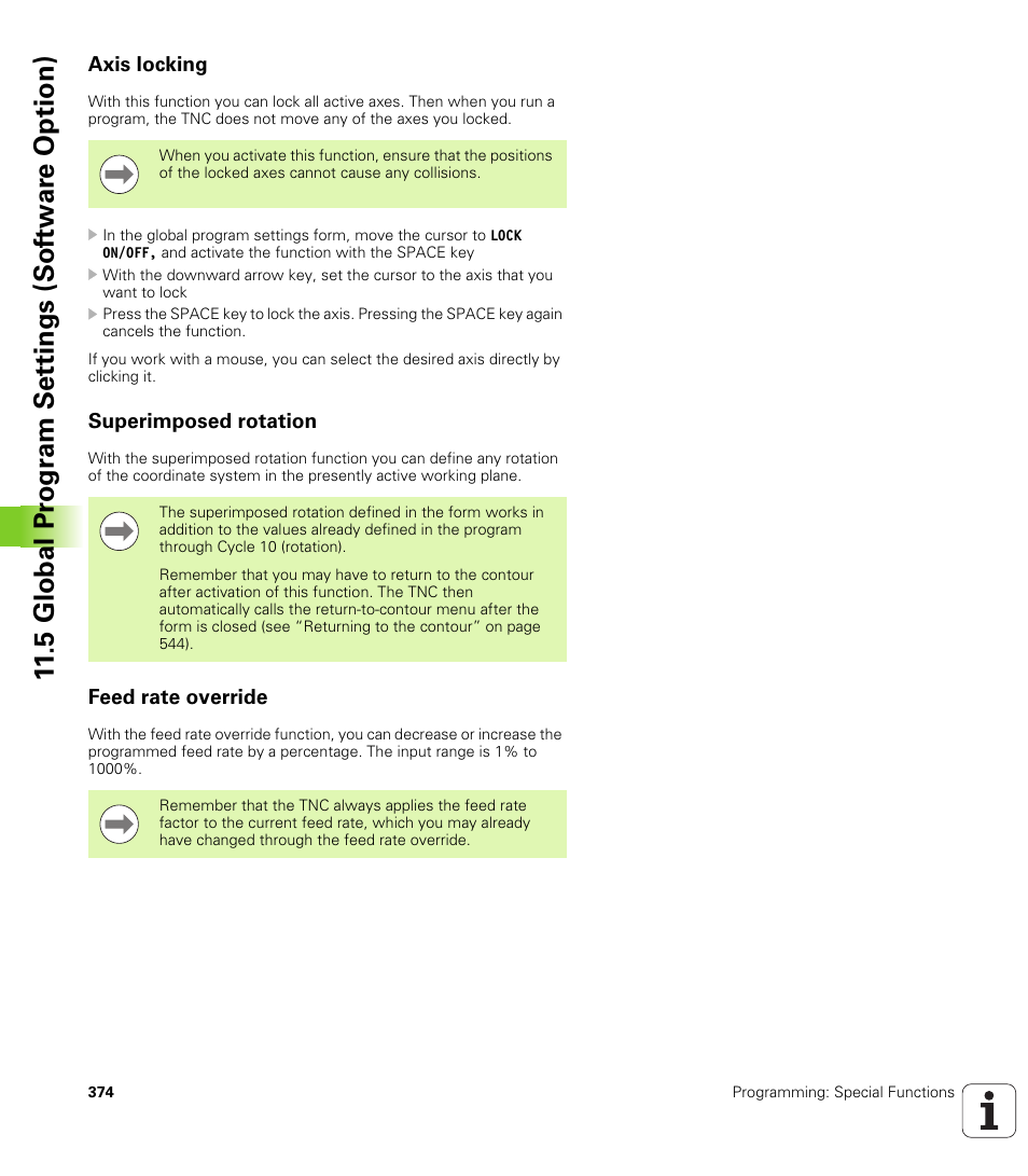 Axis locking, Superimposed rotation, Feed rate override | 5 global pr ogr a m set tings (sof tw ar e option) | HEIDENHAIN 530 (340 49x-07) ISO programming User Manual | Page 374 / 650
