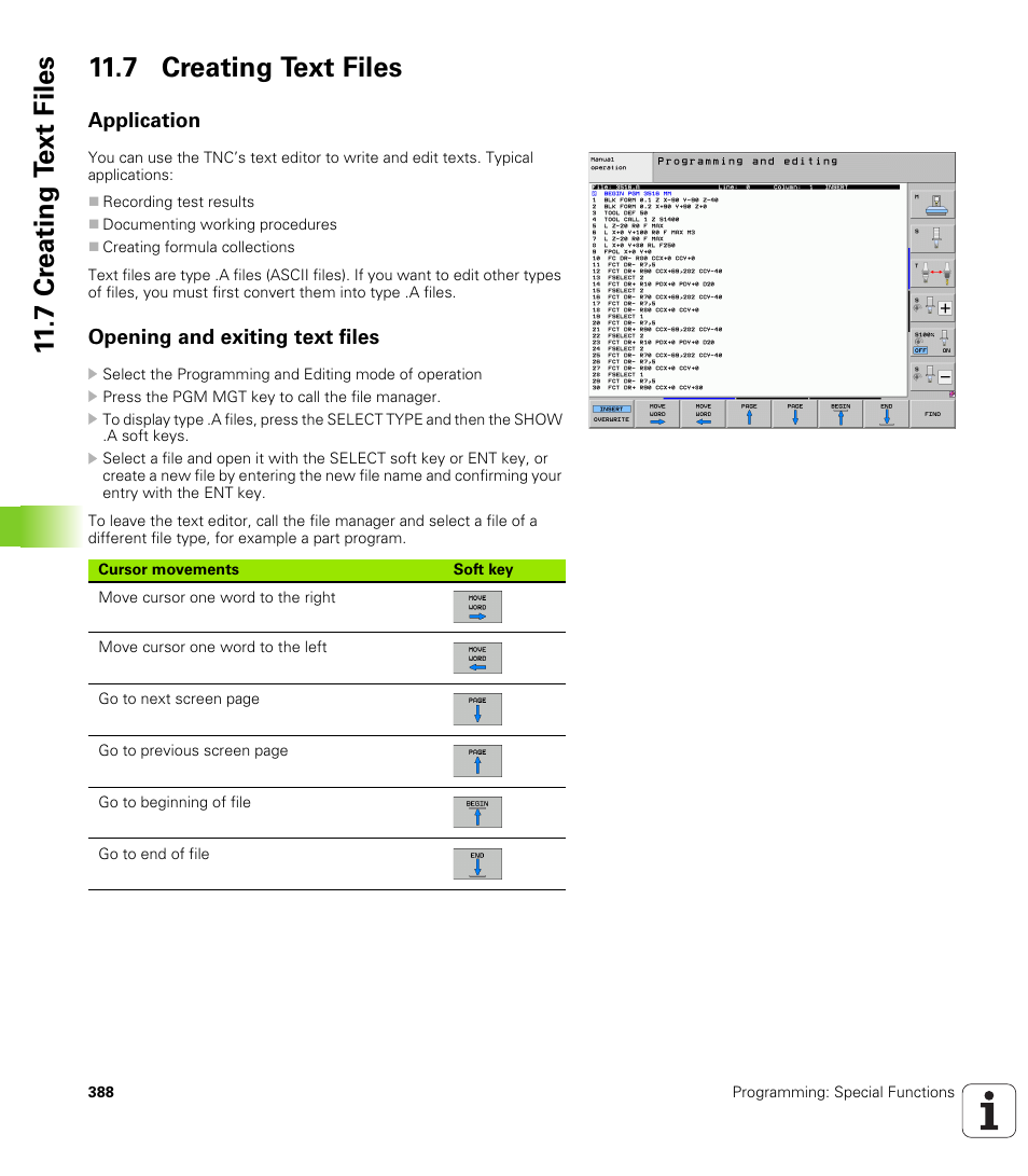 7 creating text files, Application, Opening and exiting text files | 7 cr eating t ext files 11.7 creating text files | HEIDENHAIN 530 (340 49x-07) ISO programming User Manual | Page 388 / 650