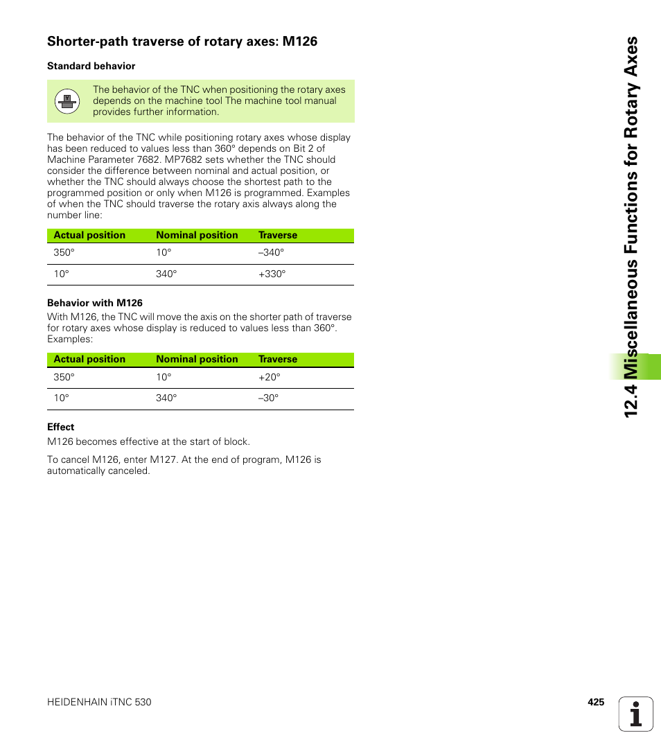Shorter-path traverse of rotary axes: m126 | HEIDENHAIN 530 (340 49x-07) ISO programming User Manual | Page 425 / 650